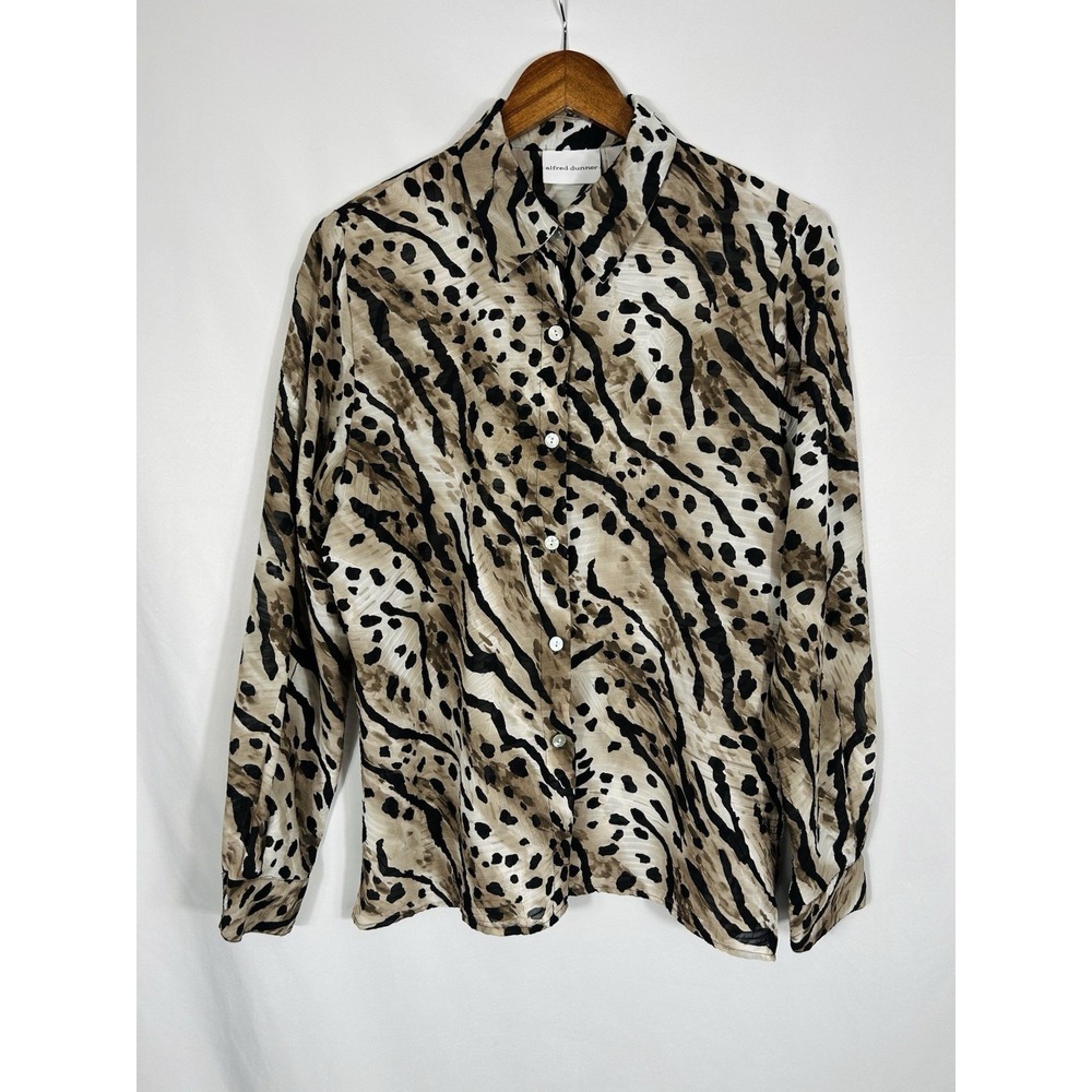 Women's Semi Sheer Animal Print Button Up Blouse Size L Neutral Leopard Boho Art